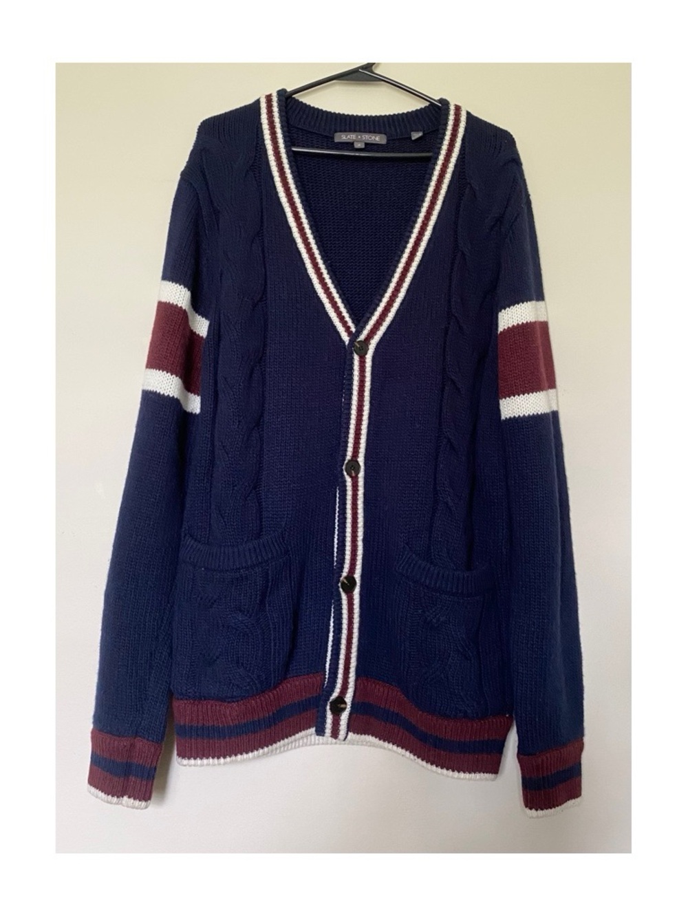 Slate & Stone Men's Cable Knit Varsity Cardigan Sweater Sz M - Navy